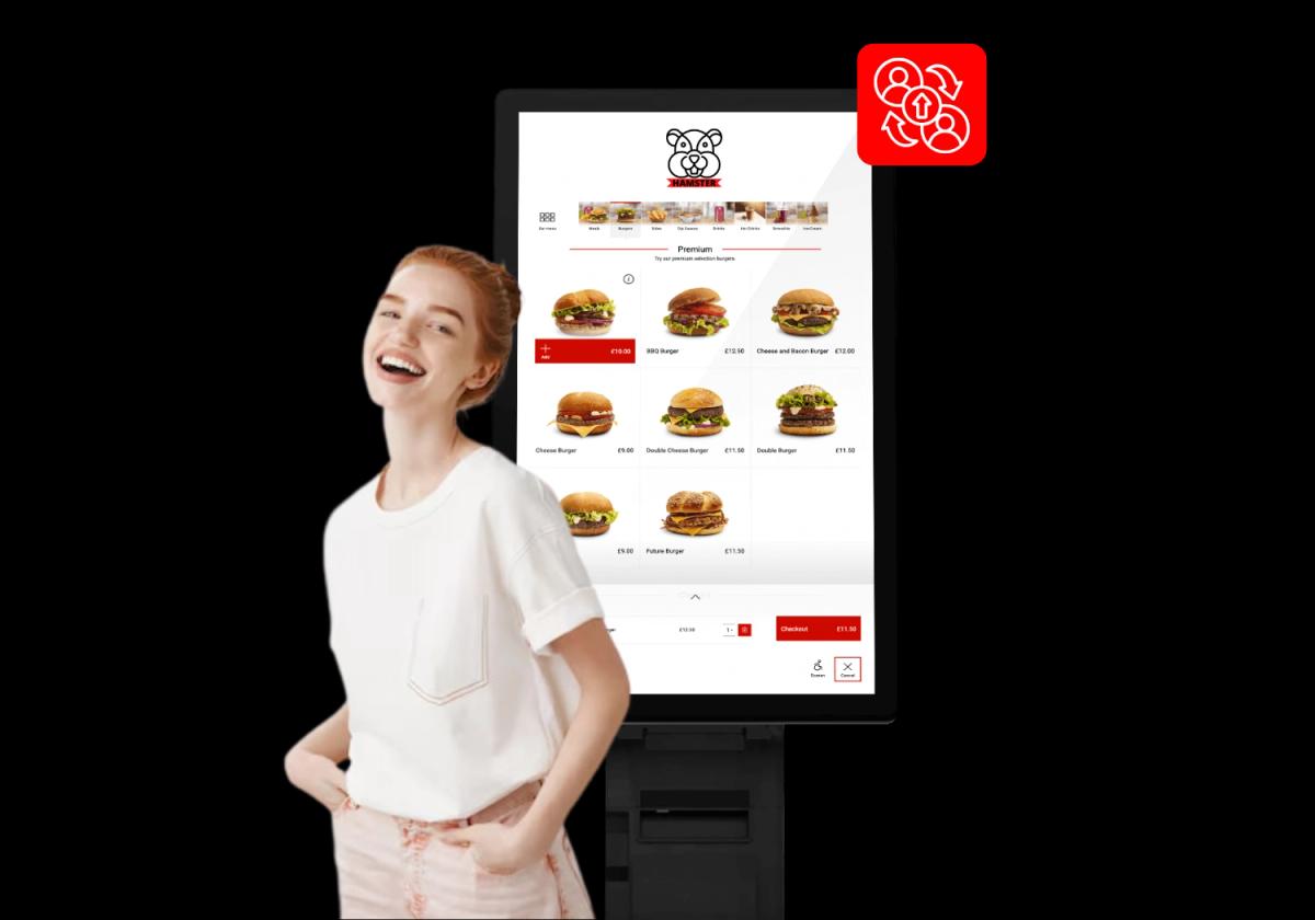 Happy customer using self-ordering kiosk with Hamster POS
