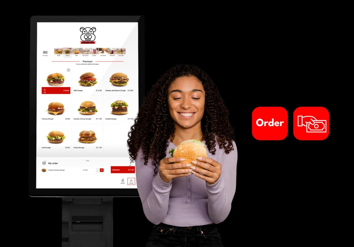 Kiosk order list and girl enjoying food with Hamster POS