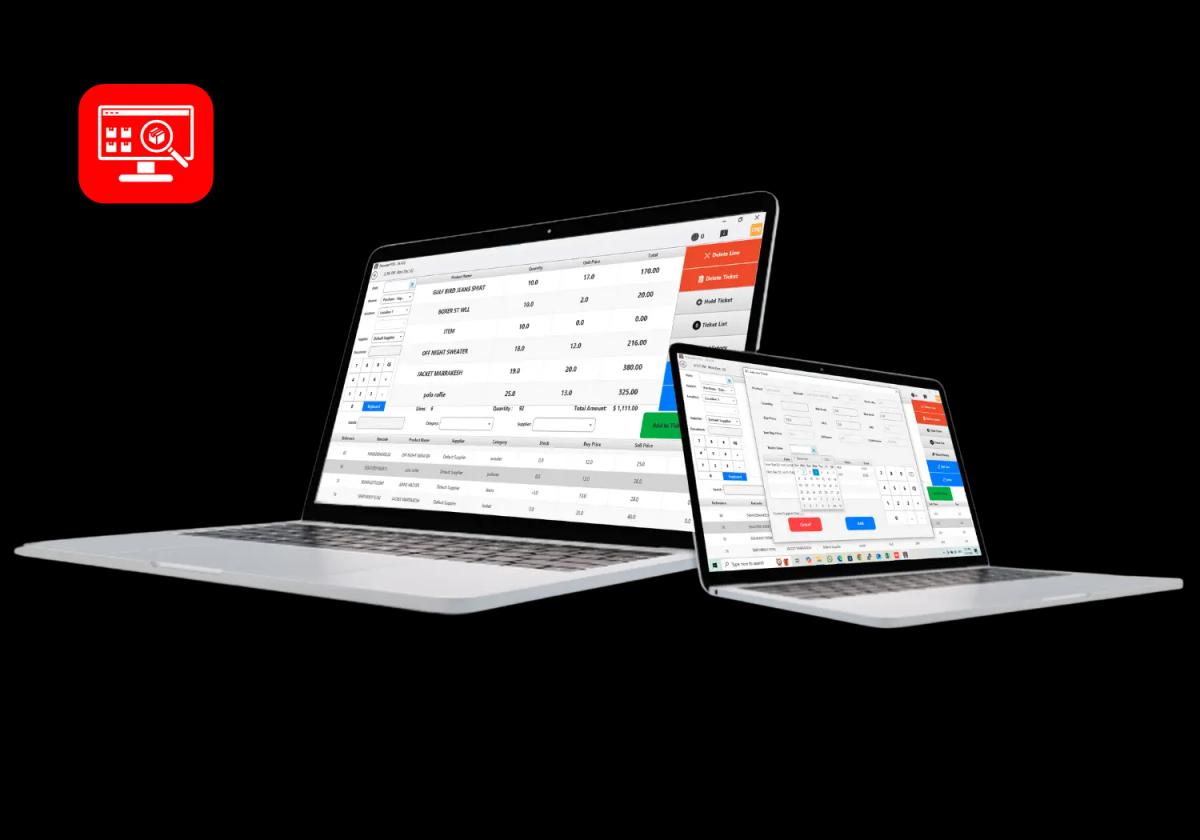 Inventory management dashboard of Hamster POS displayed on dual laptops