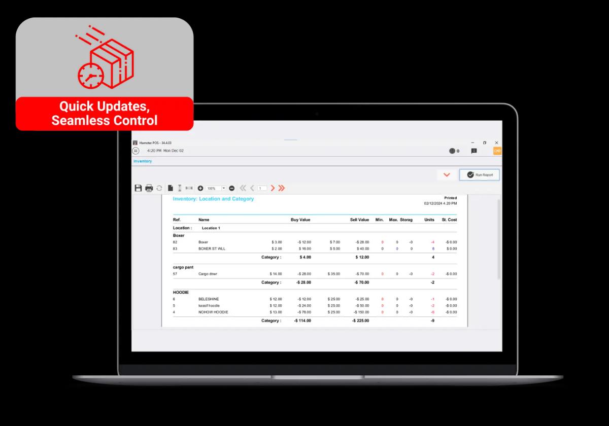 POS inventory table showing stock info, buy/sell values, and storage details
