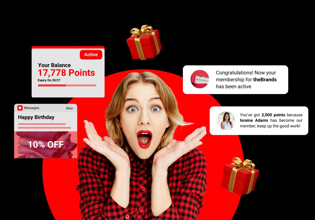 Happy customer with gifts and membership rewards messages and point balance