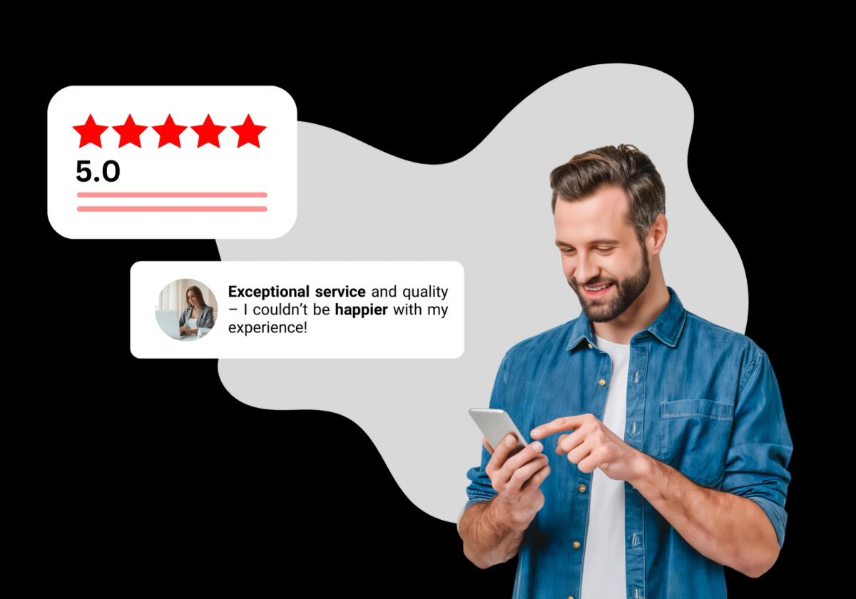 Person with icons representing customer feedback and reviews in Hamster POS