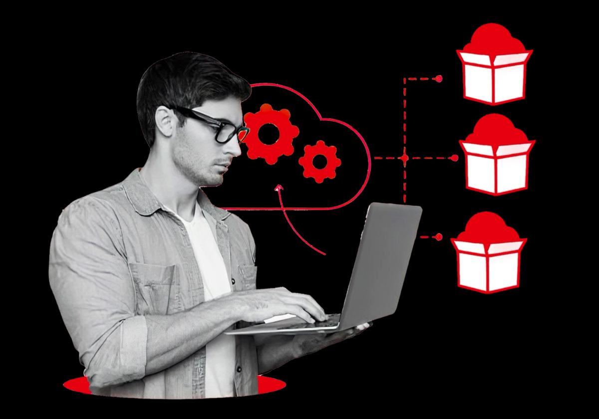 Person holding laptop with inventory management icons around them